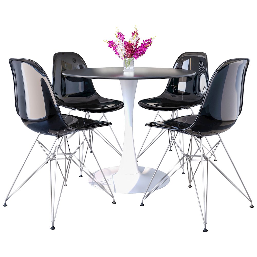 5-Piece Dining Set 35" Round Dining Table in Chrome - Transparent Black. Picture 1