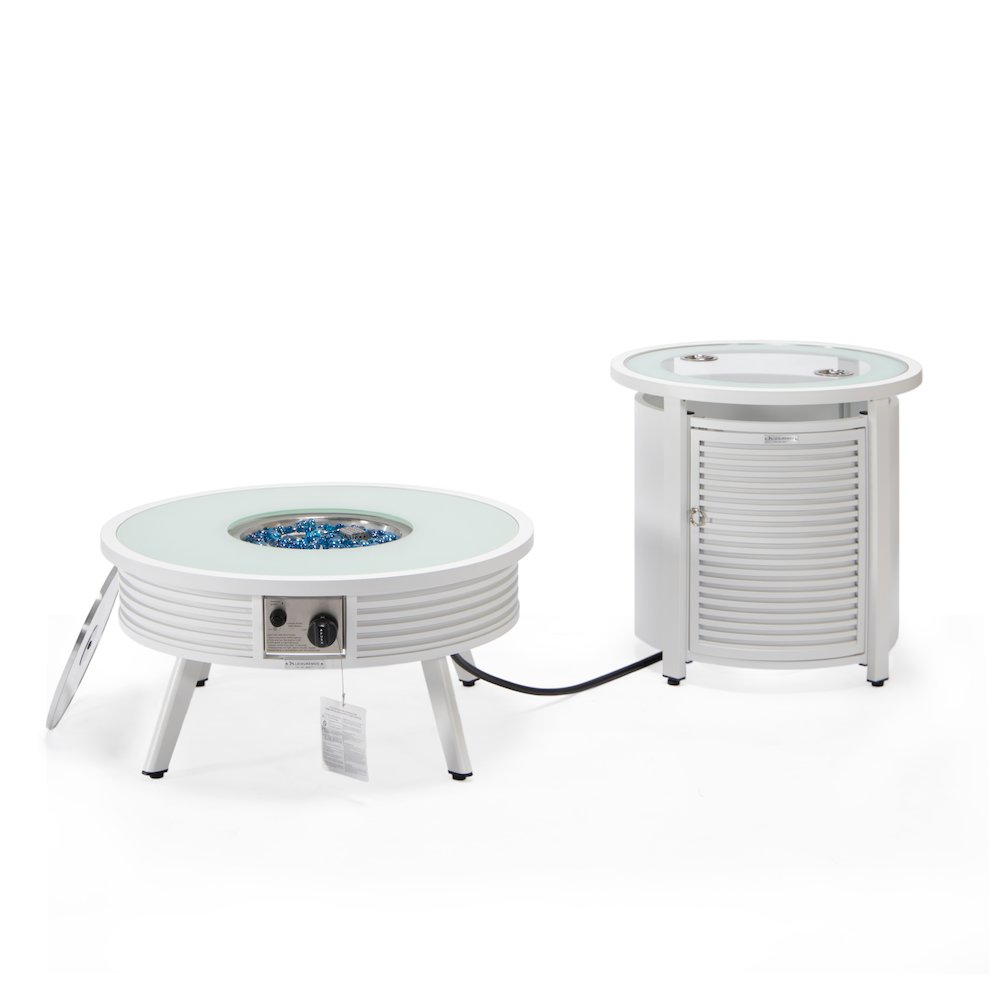 Walbrooke Patio Round Fire Pit and Tank Holder with Slats Design in White. Picture 3