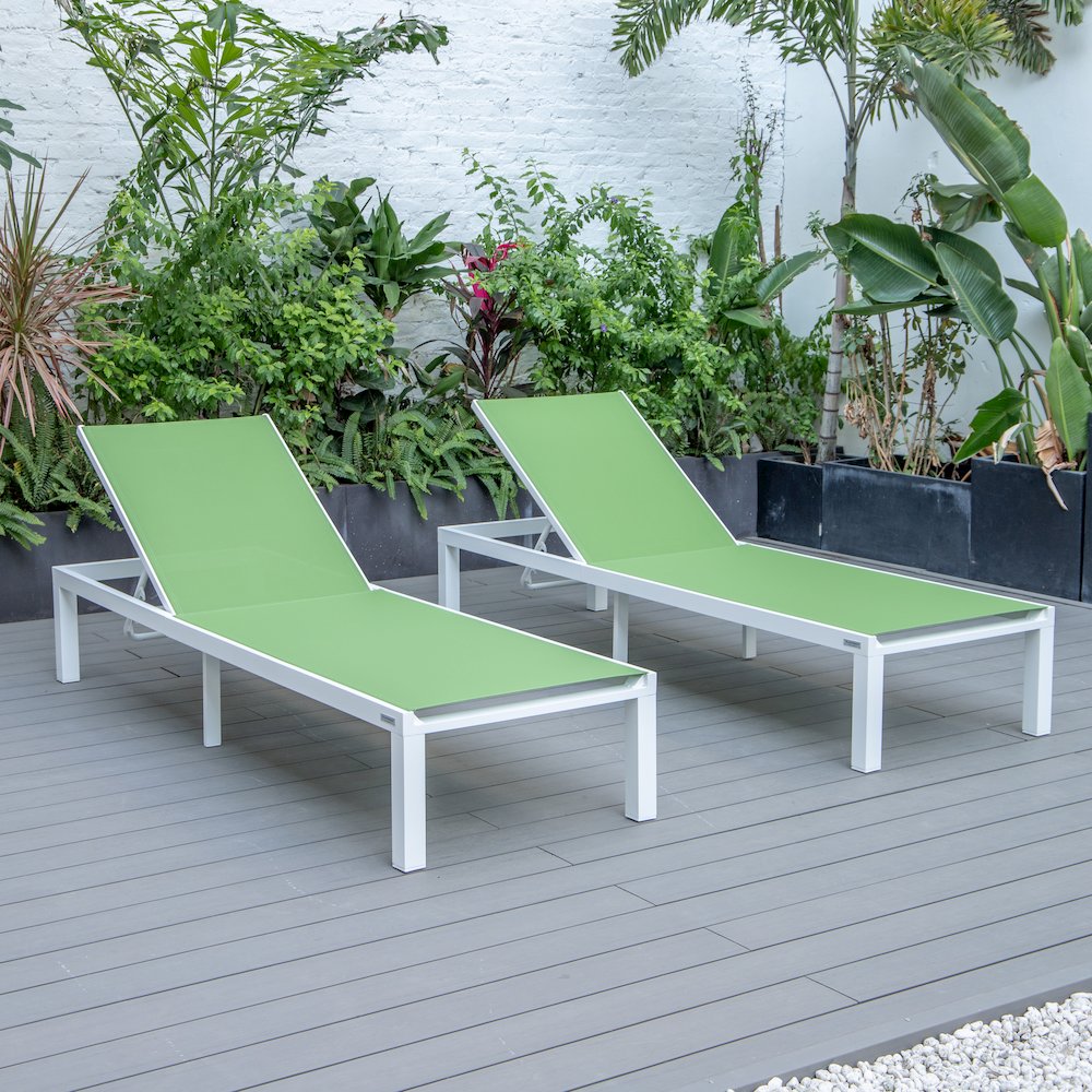 Marlin Patio Chaise Lounge Chair With White Aluminum Frame, Set of 2 in Green. Picture 5