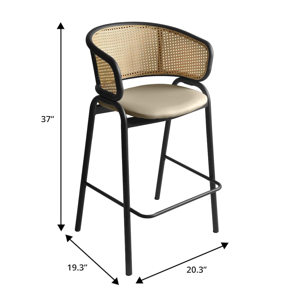 Ervilla Wicker Bar Stool with Fabric Seat and Black Steel Frame - Taupe. Picture 12