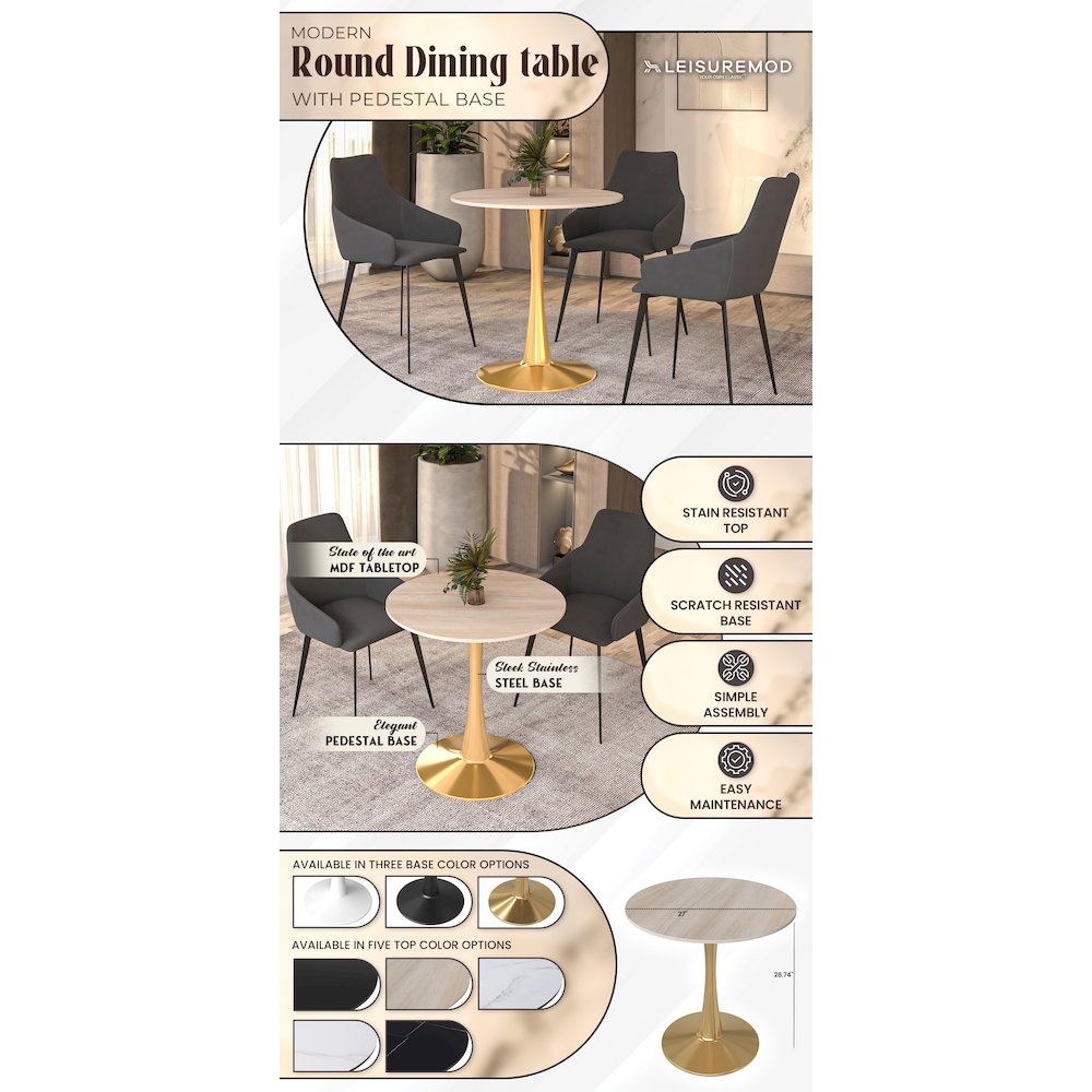 Bristol 27" round dining table Gold base with marbled MDF top. Picture 13