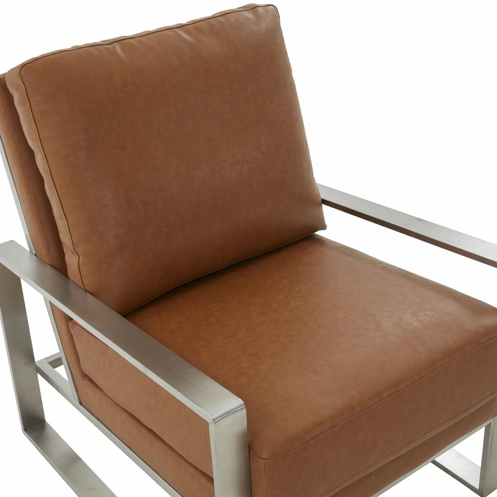 LeisureMod Jefferson Leather Modern Design Accent Armchair With Elegant Silver Frame, Cognac Tan. Picture 7