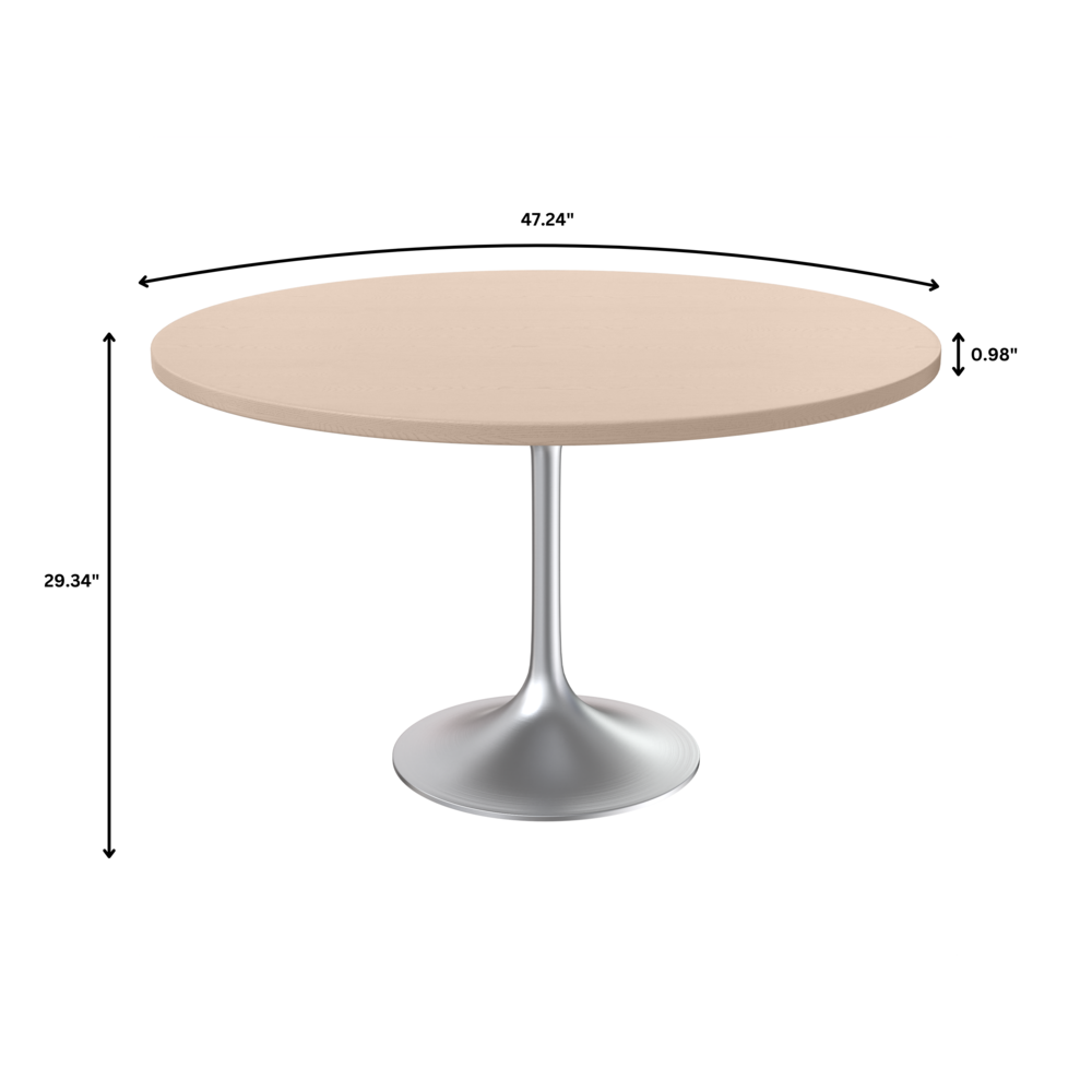 48" Round Dining Table, Brushed Chrome Base with Light Natural Wood MDF Top. Picture 3