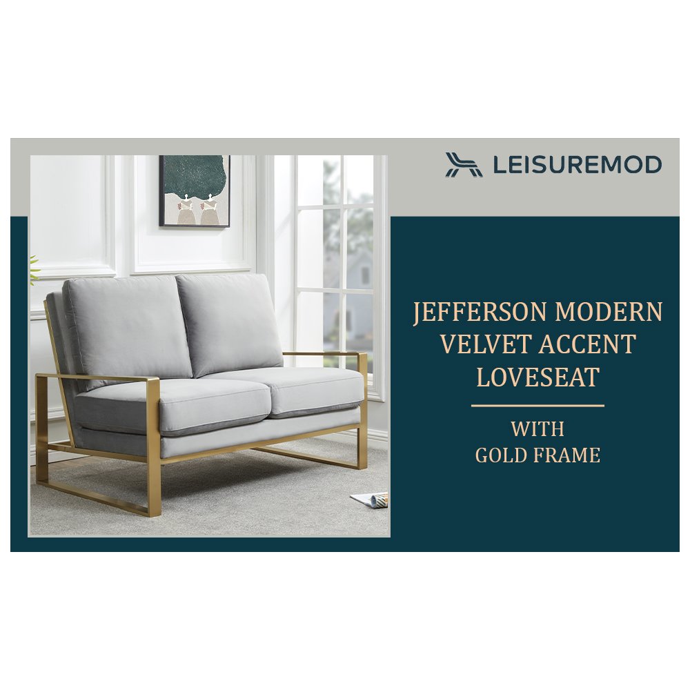 Jefferson Contemporary Modern Velvet Loveseat With Gold Frame. Picture 8