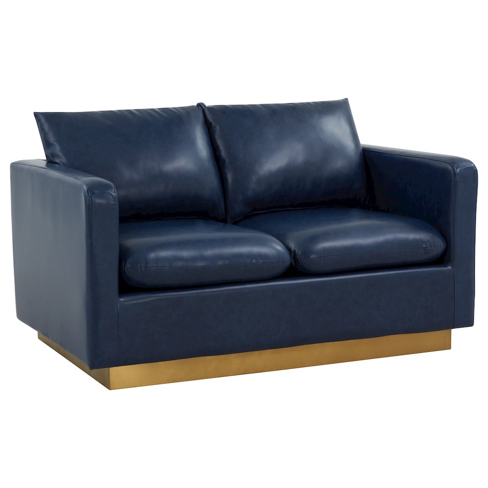 Nervo Modern Mid-Century Upholstered Leather Loveseat with Gold Frame. Picture 2