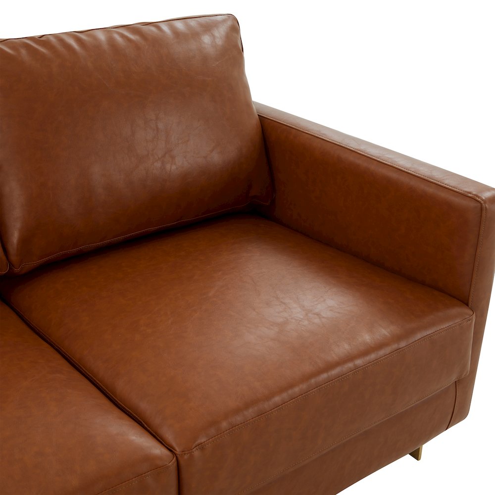 Lincoln Modern Mid-Century Upholstered Leather Loveseat with Gold Frame. Picture 6
