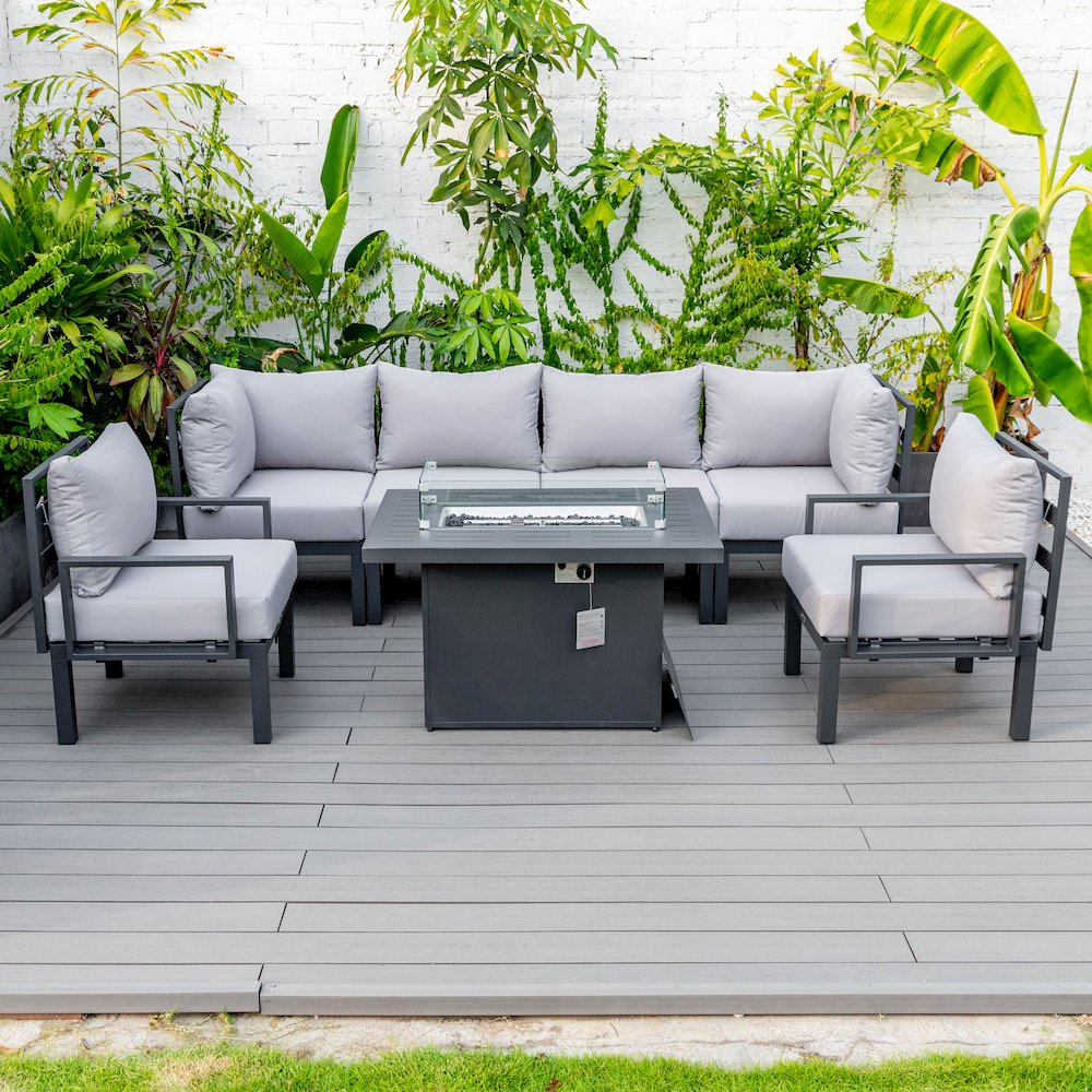Chelsea 7-Piece Patio Sectional And Fire Pit Table Black Aluminum With Cushions. Picture 30