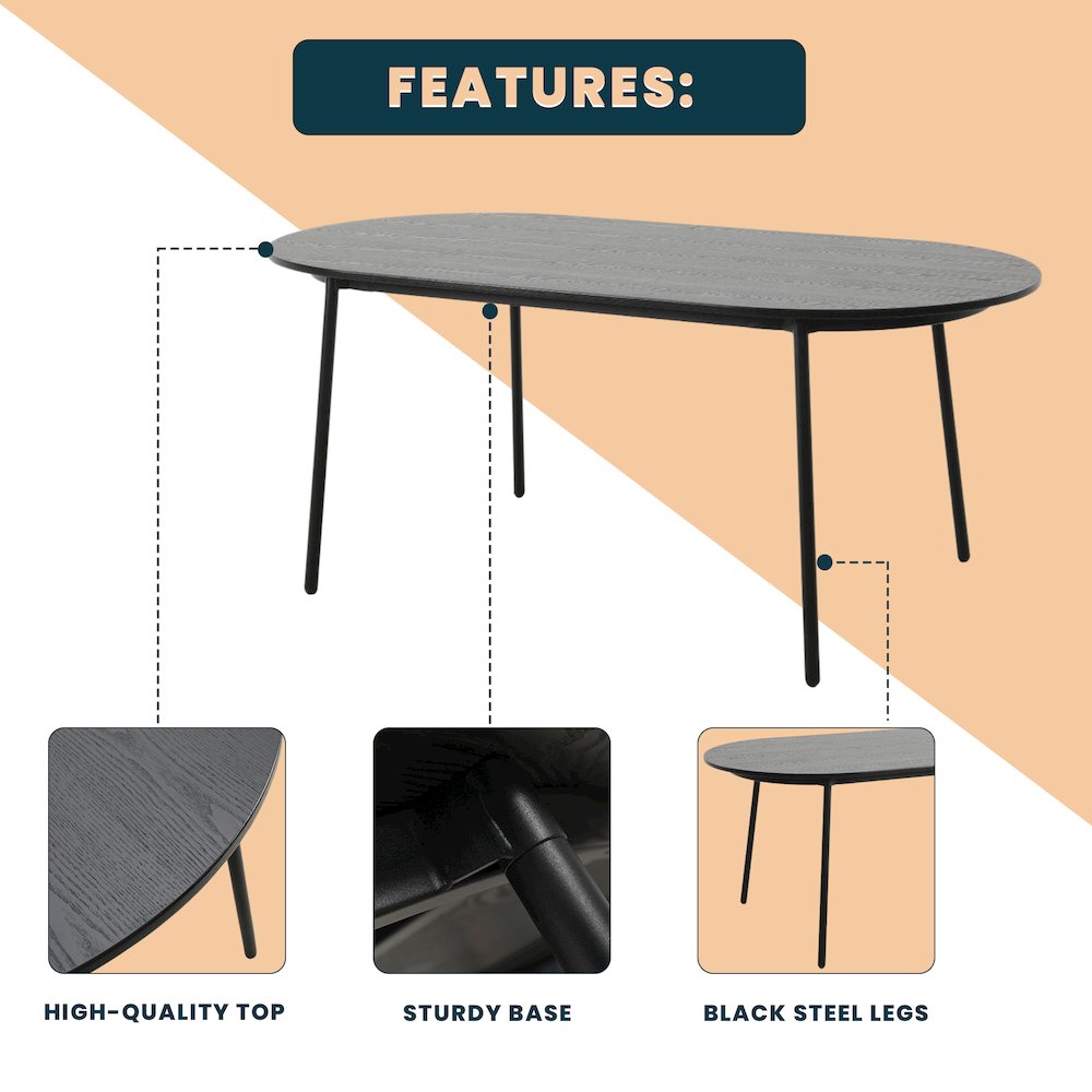 Tule Modern 71" Oval Dining Table with MDF Top and Black Steel Legs in Black. Picture 13