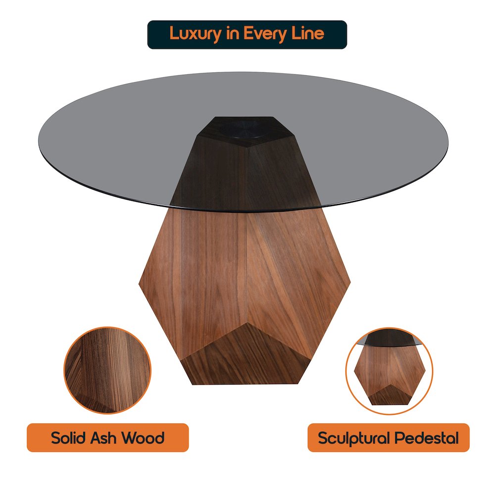 Nebo Modern Dining Table in Walnut Base with BLack Glass Top. Picture 3