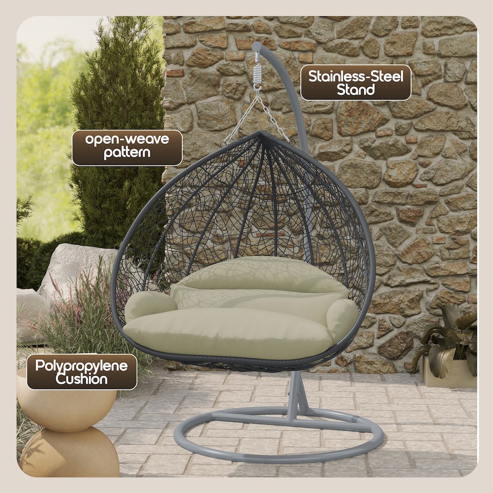 Recluse Collection Modern Outdoor Swing Chair Grey Frame with ES57 Taupe Cushion. Picture 6