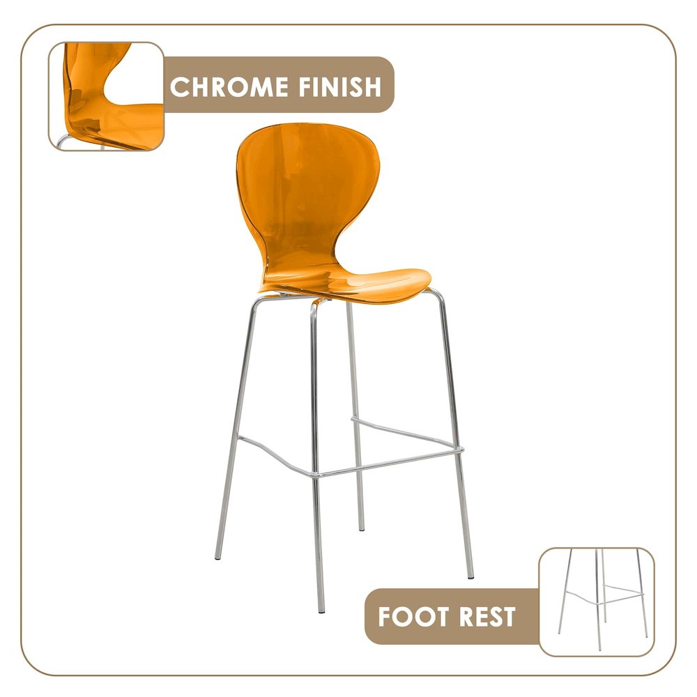 Oyster Acrylic Barstool with Steel Frame in Chrome Finish in Transparent Orange. Picture 2