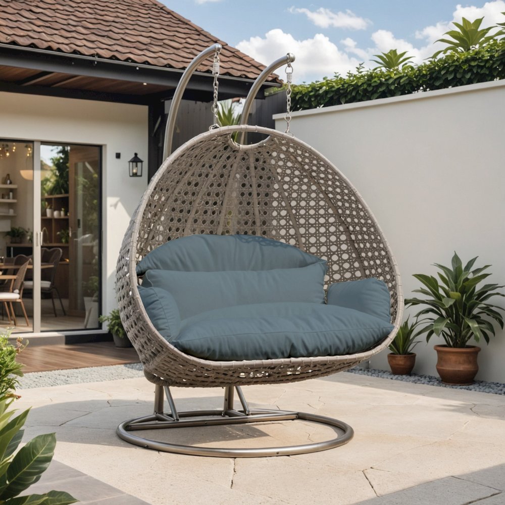 Beige Wicker Hanging 2 person Egg Swing Chair. Picture 1