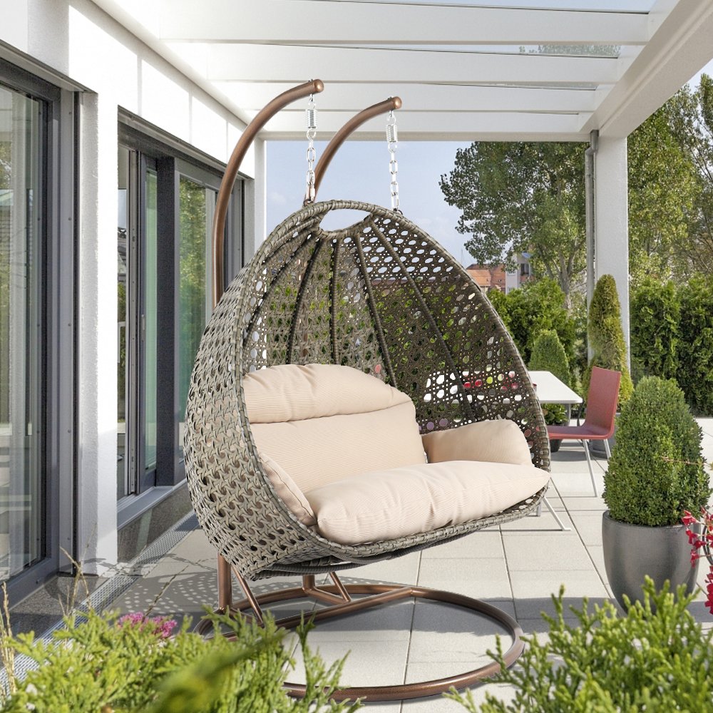 Beige Wicker Hanging 2 person Egg Swing Chair. Picture 2