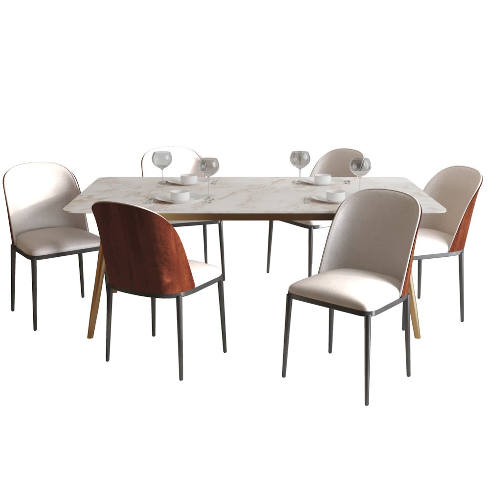 Zayle 7-Piece Dining Set with 55" Rectangular Dining Side Chair in Walnut/Beige. Picture 2