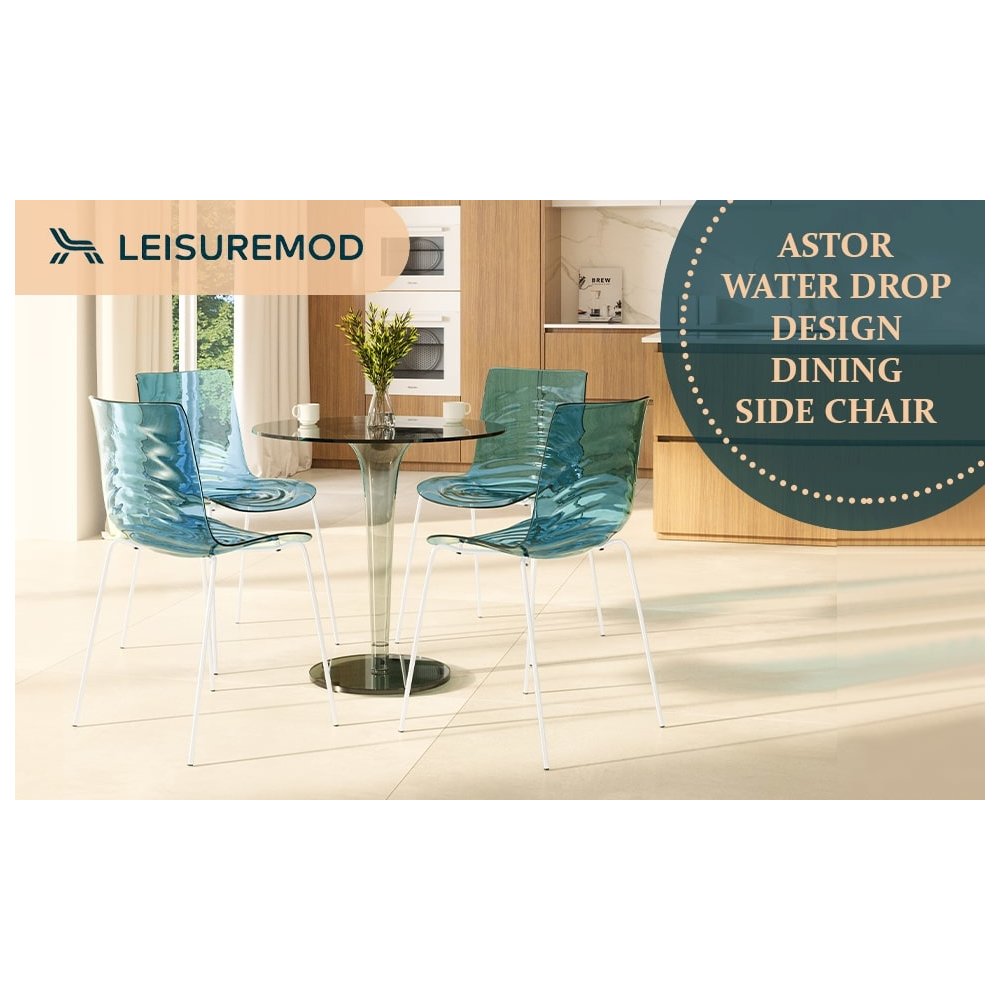 Astor Water Ripple Design Dining Chair in White Base Trans Blue Seat. Picture 4