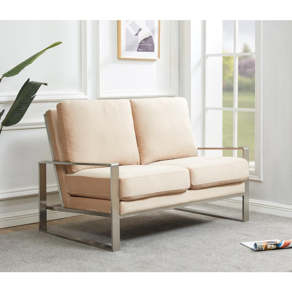 Leisuremod Jefferson Contemporary Modern Velvet Loveseat With Silver Frame, Beige. Picture 5