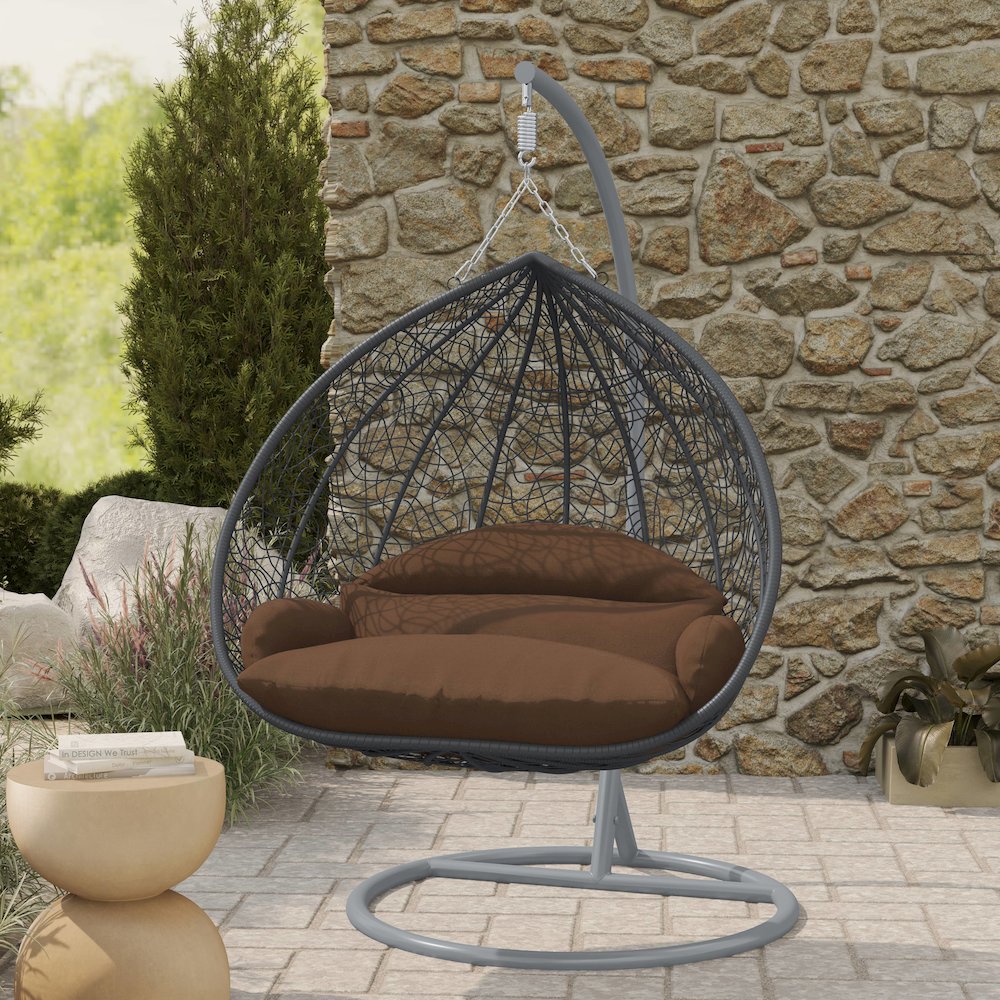 Recluse Collection Modern Outdoor Swing Chair Grey Frame with ES57 Brown Cushion. Picture 8