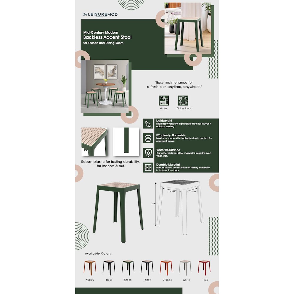 Tresse Series Stackable Poly Stool With Wicker Top 12 in Green. Picture 17
