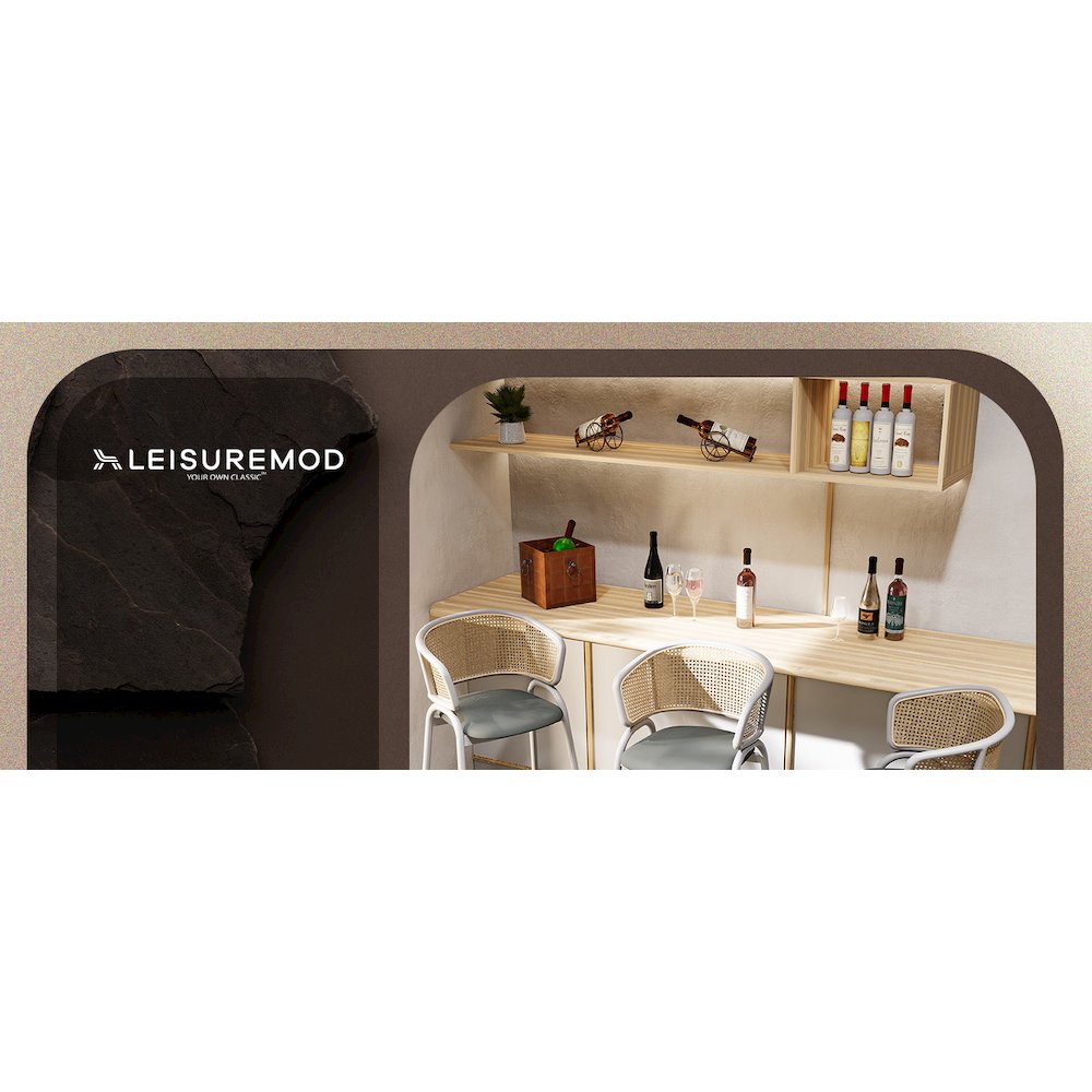 Ervilla Wicker Bar Stool with Fabric Seat and White Steel Frame - Grey leather. Picture 19