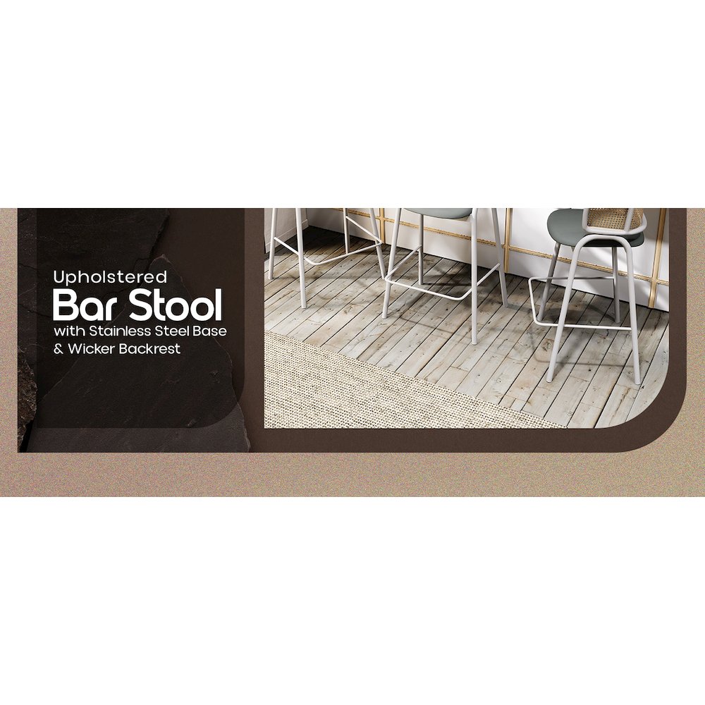 Ervilla Wicker Bar Stool with Fabric Seat and White Steel Frame - Grey leather. Picture 20
