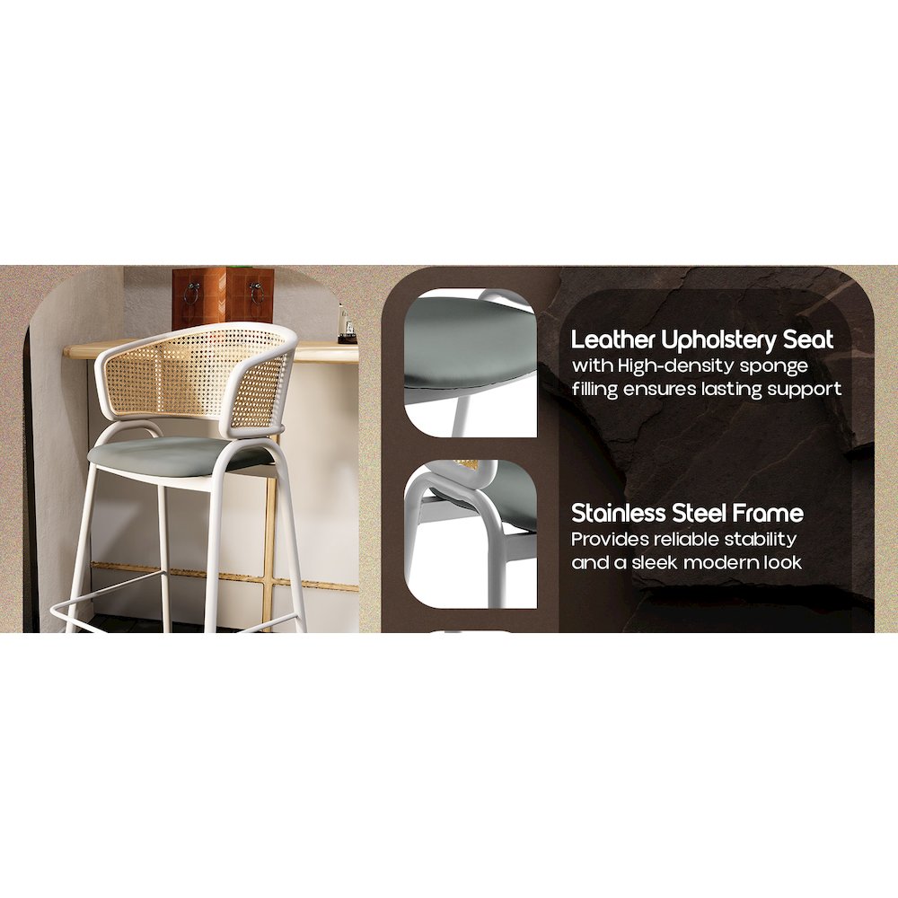 Ervilla Wicker Bar Stool with Fabric Seat and White Steel Frame - Grey leather. Picture 21