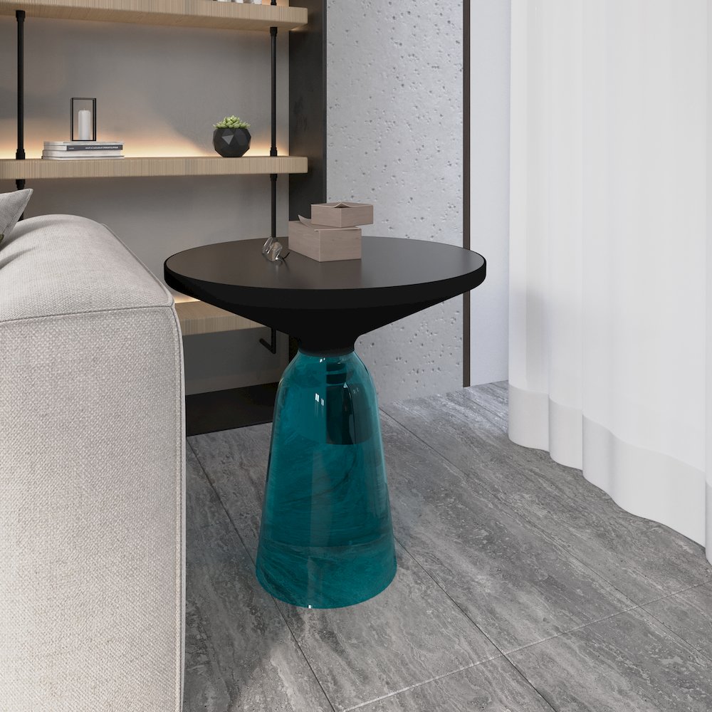 Tully Collection Glass side Table Blue glass, Black Rim with Black Glass top. Picture 8