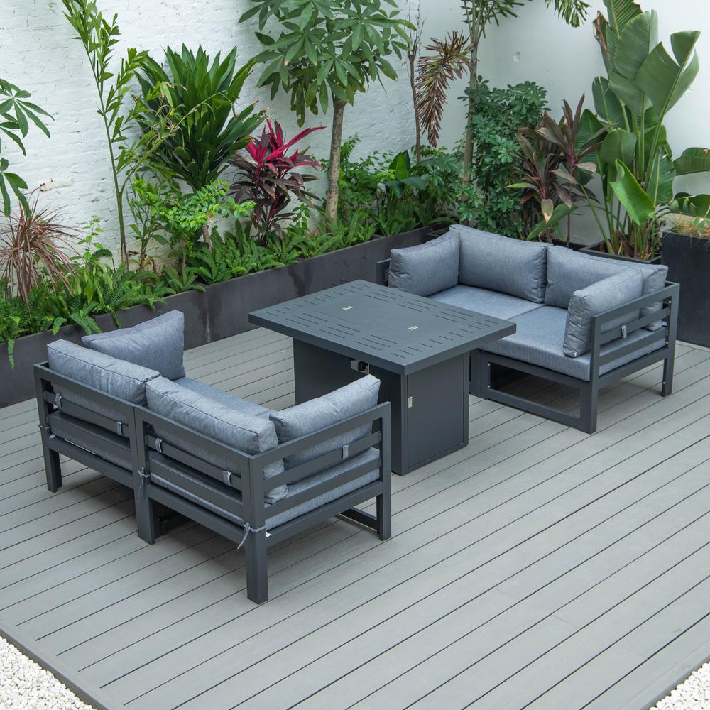 LeisureMod Chelsea 5-Piece Sectional Loveseat and Fireplace Set Black Aluminum with Cushions, Blue. Picture 1