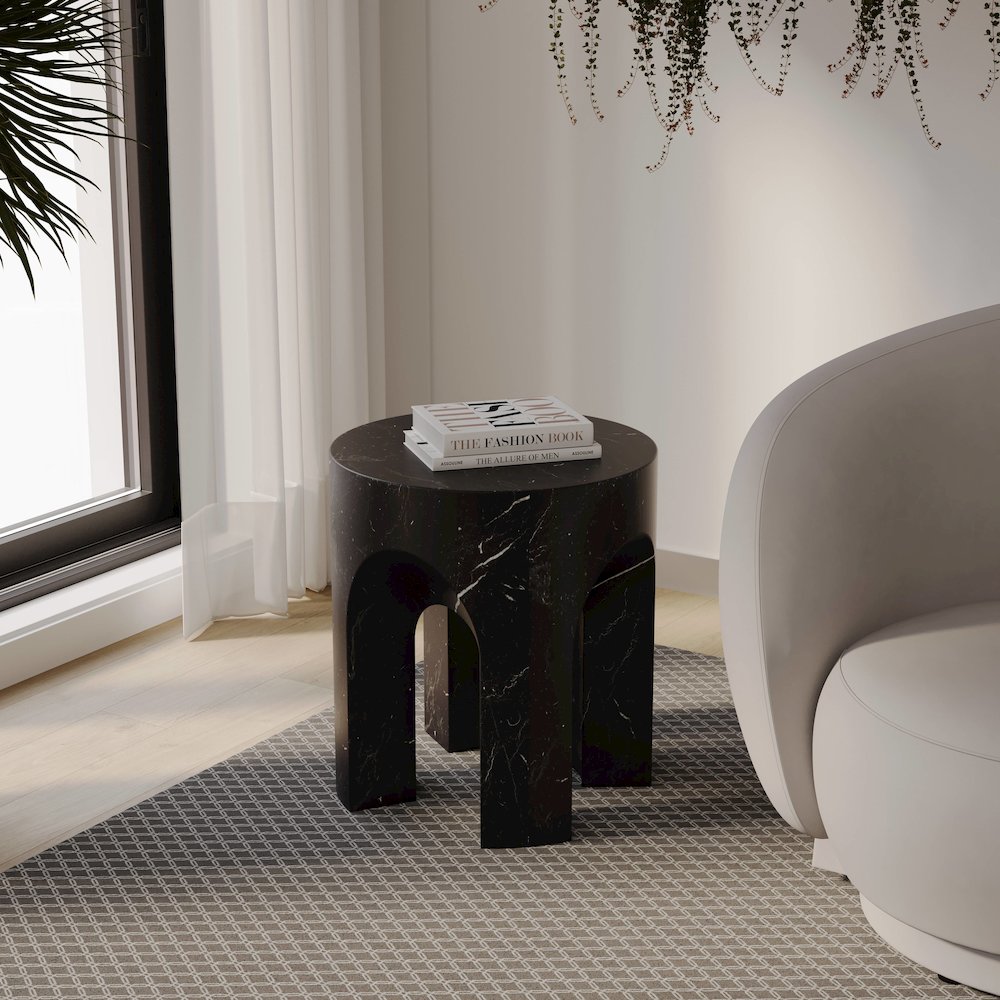Crus Collection Fiberglass Outdoor Side Table Marbleized Black. Picture 3