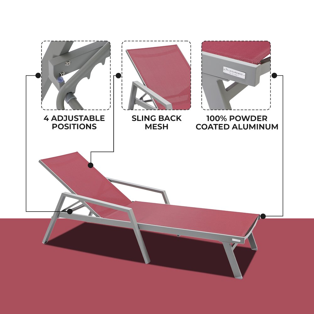 Marlin Patio Chaise Lounge Chair With Armrests in Grey Aluminum Frame. Picture 2