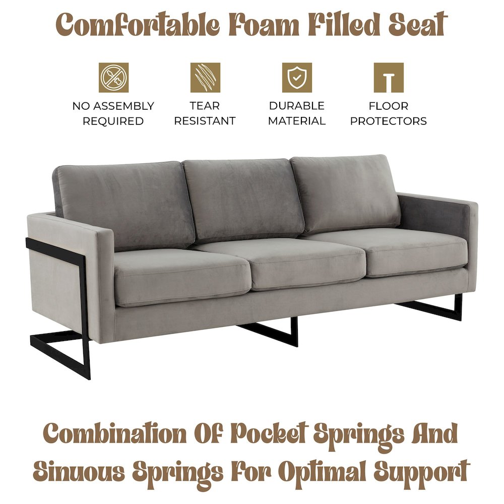 Lincoln Light Grey Velvet Sofa With Black Frame. Picture 3