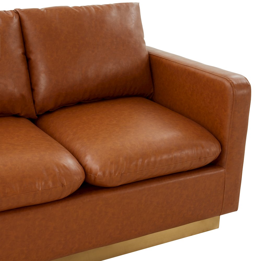 Nervo Modern Mid-Century Upholstered Leather Loveseat with Gold Frame. Picture 5