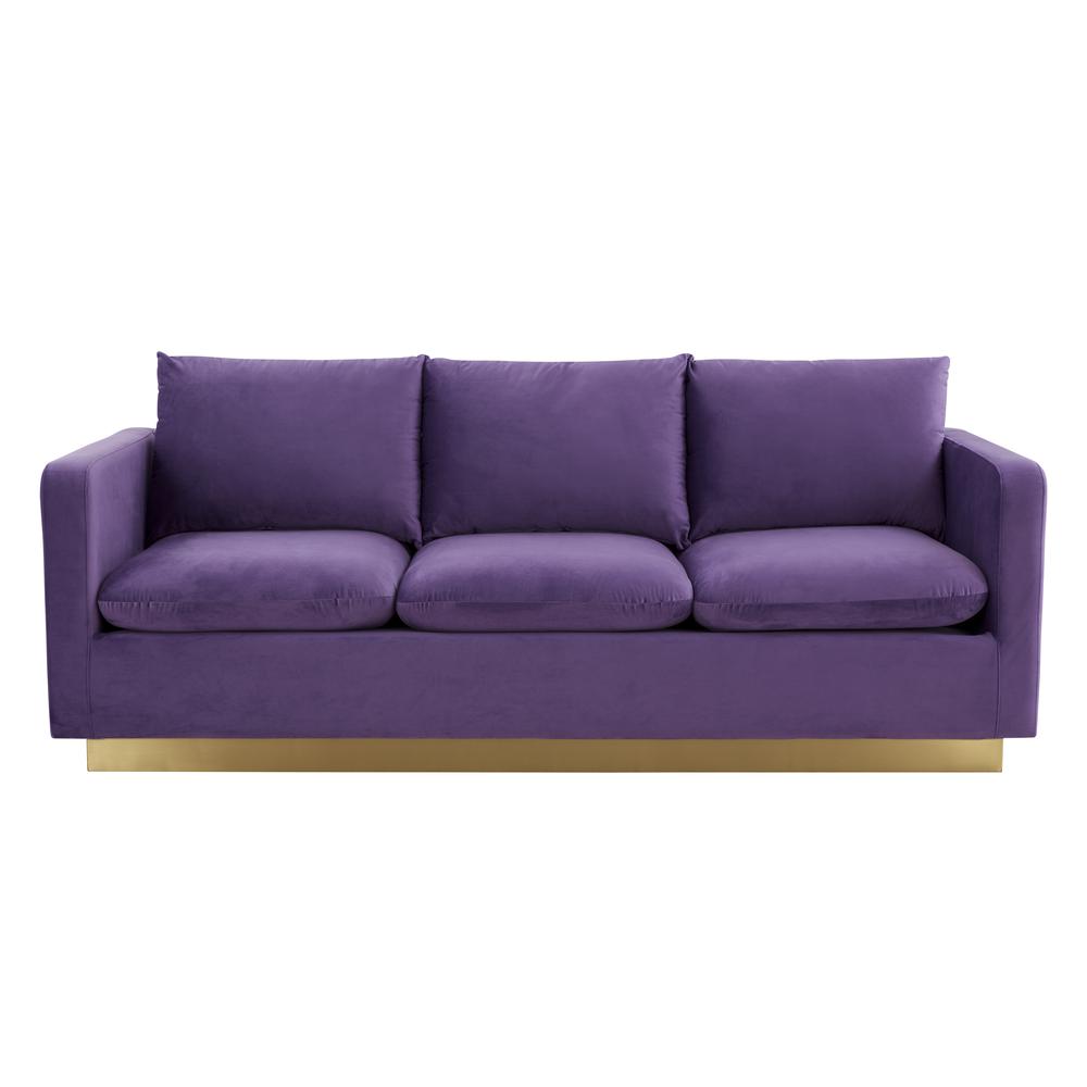 Nervo Modern Mid-Century Upholstered Velvet Sofa with Gold Frame. Picture 1
