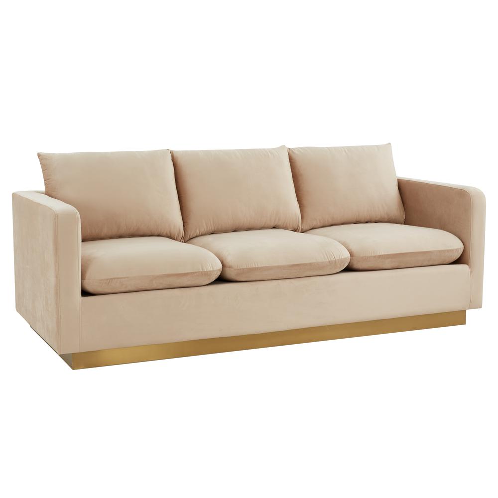 Nervo Modern Mid-Century Upholstered Velvet Sofa with Gold Frame. Picture 2