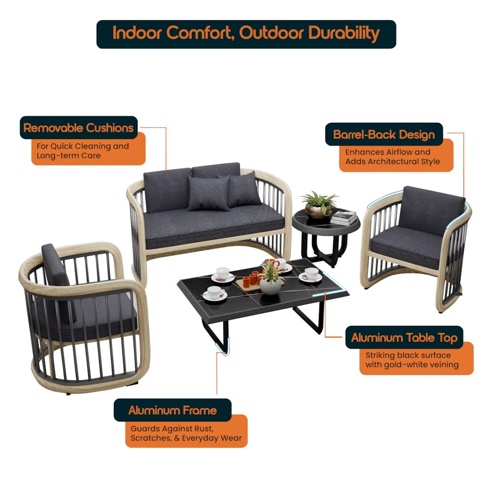 Klyra 5-Piece Aluminum Conversation Set with 2 accent chair in Grey. Picture 14