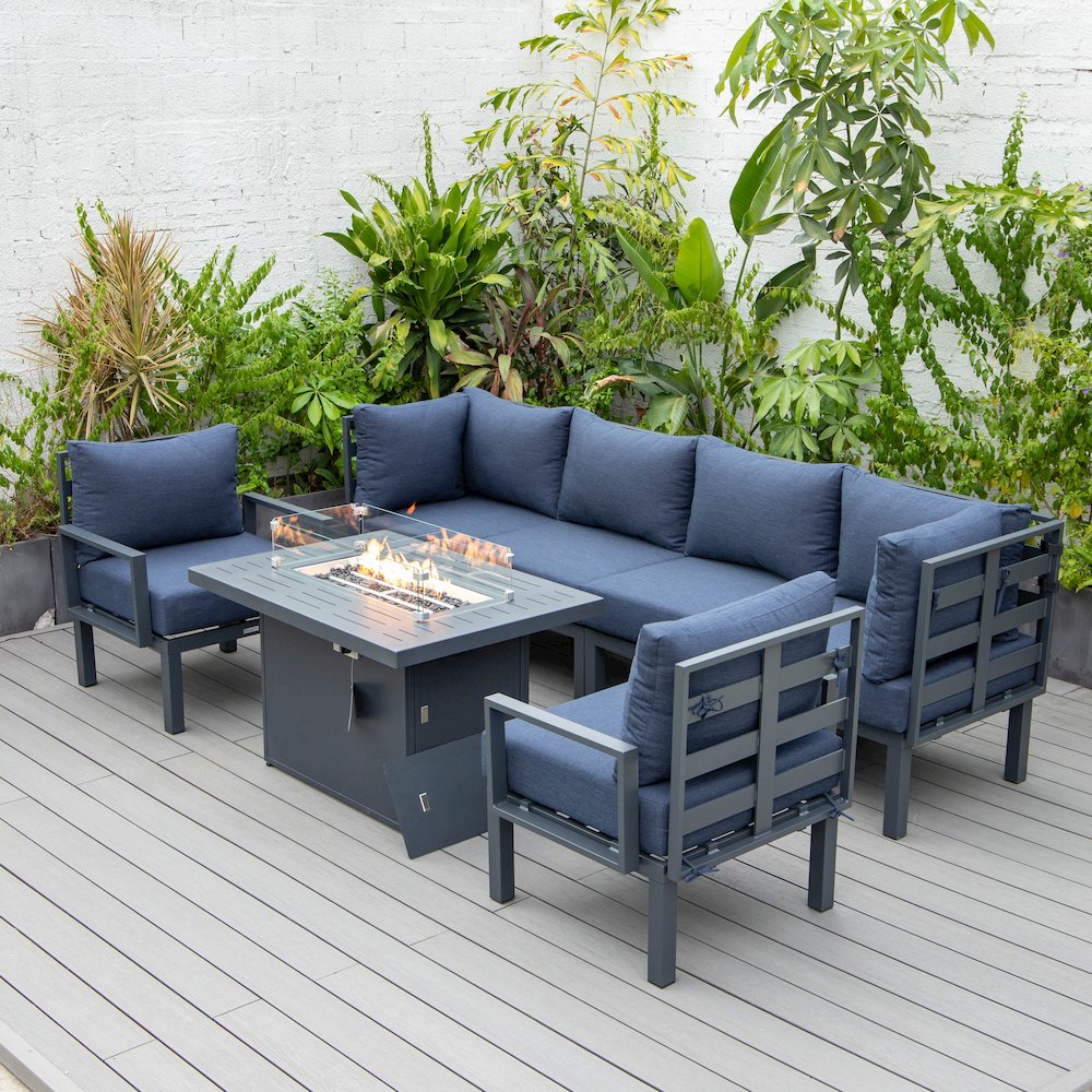 Chelsea 7-Piece Patio Sectional And Fire Pit Table Black Aluminum With Cushions. Picture 34