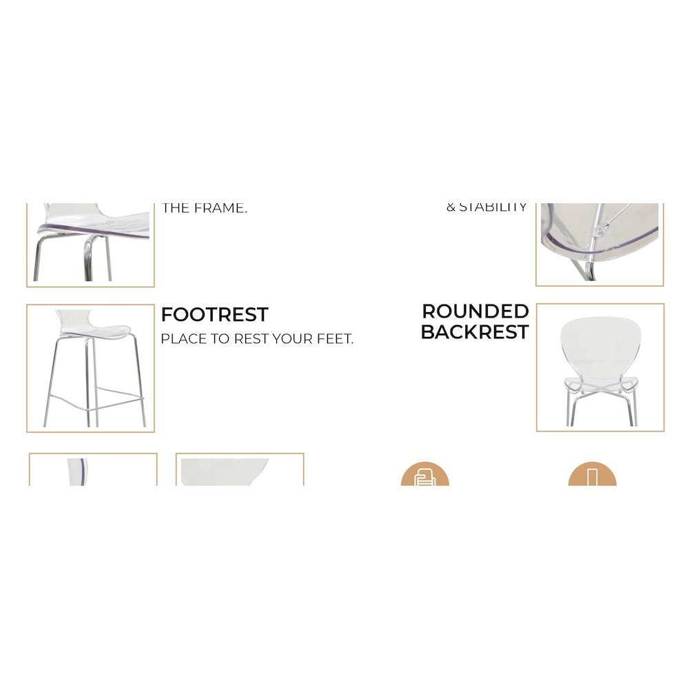 Oyster Acrylic Barstool with Steel Frame in Chrome Finish in Smoke. Picture 17