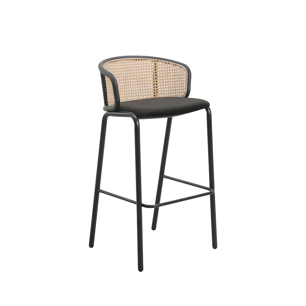 Ervilla Mid-Century Modern Wicker Bar Stool in Black. Picture 3
