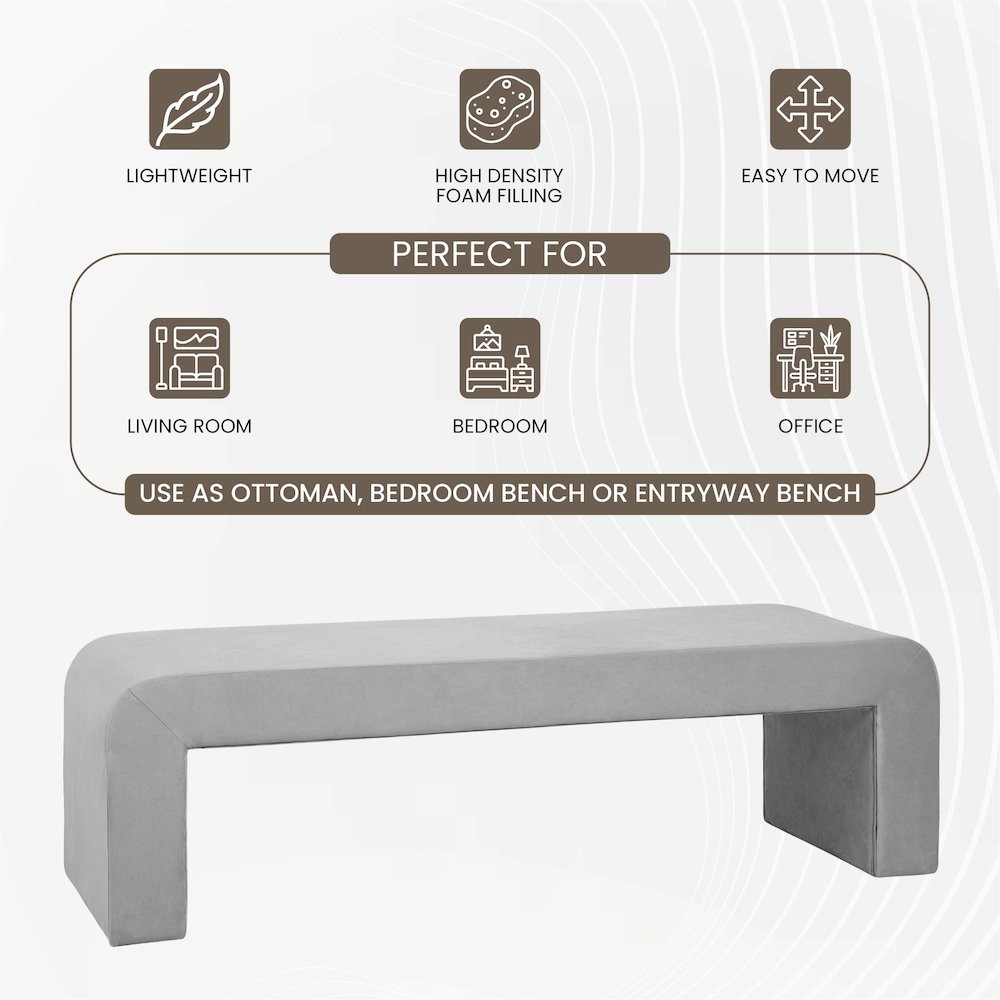Vint Collection Modern 63" Bench In Light Grey Velvet. Picture 4