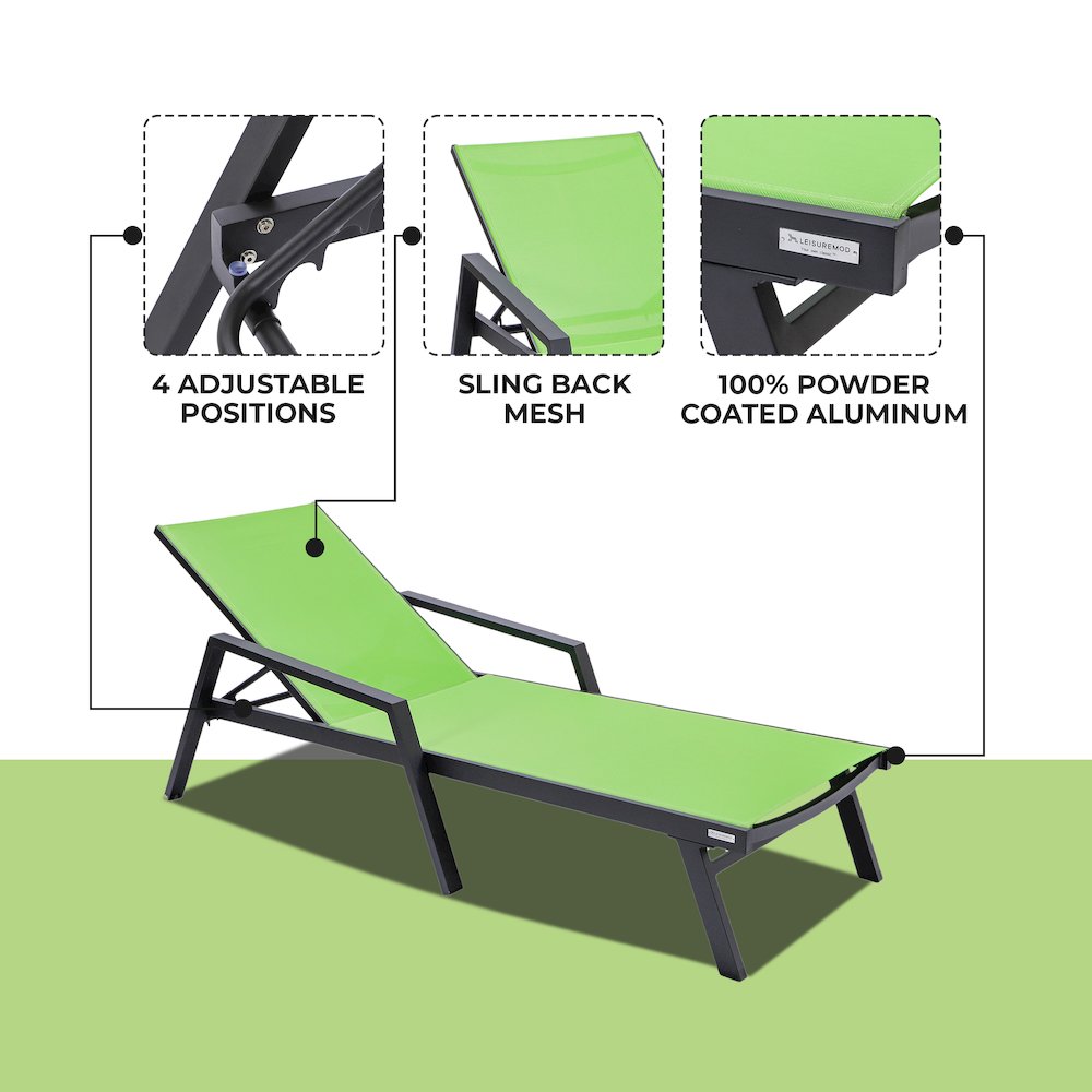 Marlin Patio Chaise Lounge Chair With Armrests in Black Aluminum Frame. Picture 2