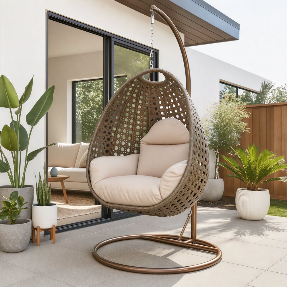 Beige Wicker Hanging Egg Swing Chair. Picture 12
