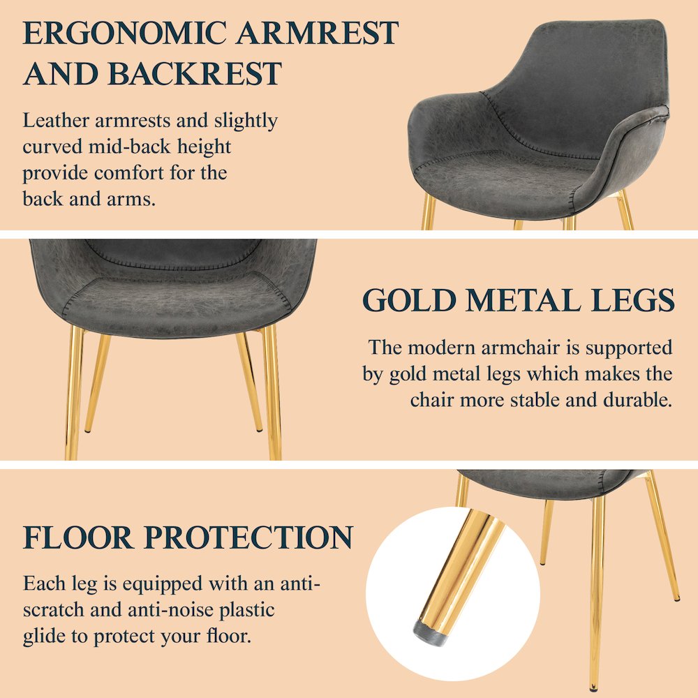 Markley Modern Leather Dining Arm Chair With Gold Metal Legs Set of 2. Picture 4