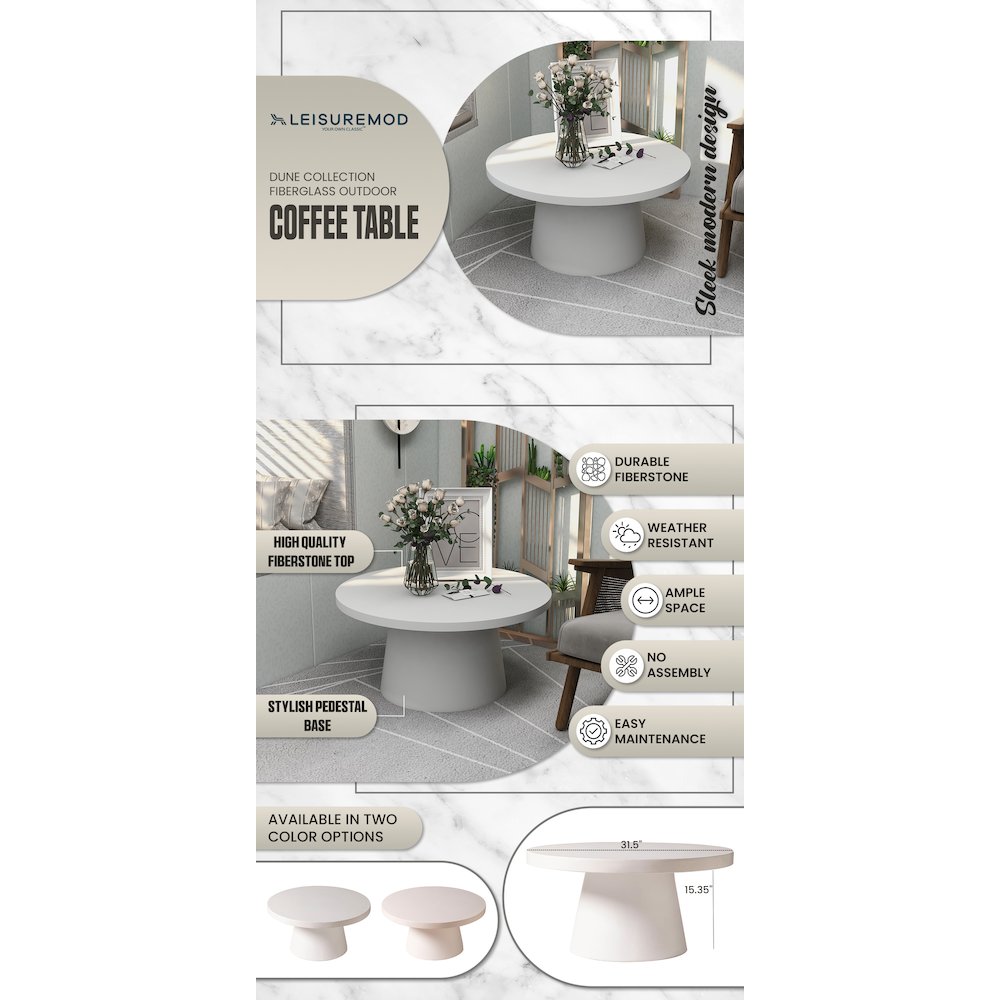 Dune Collection Fiberglass Outdoor Coffee Table In White. Picture 29