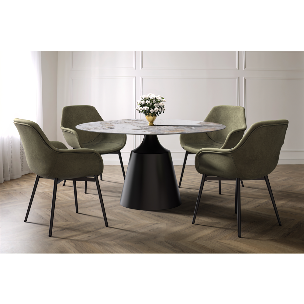 Round Dining Table Black Base with 60 Round Medium Grey Sintered Stone Top. Picture 4