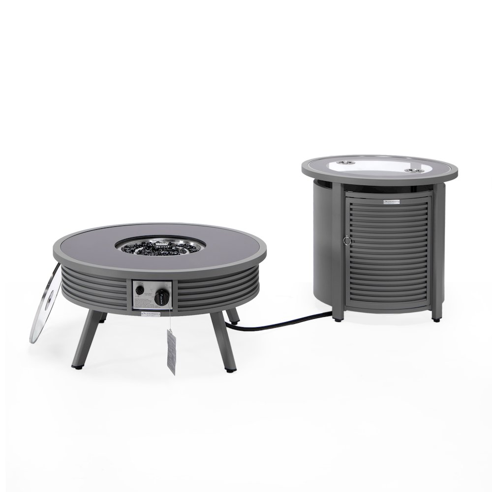 Walbrooke Patio Round Fire Pit and Tank Holder with Slats Design in Grey. Picture 3