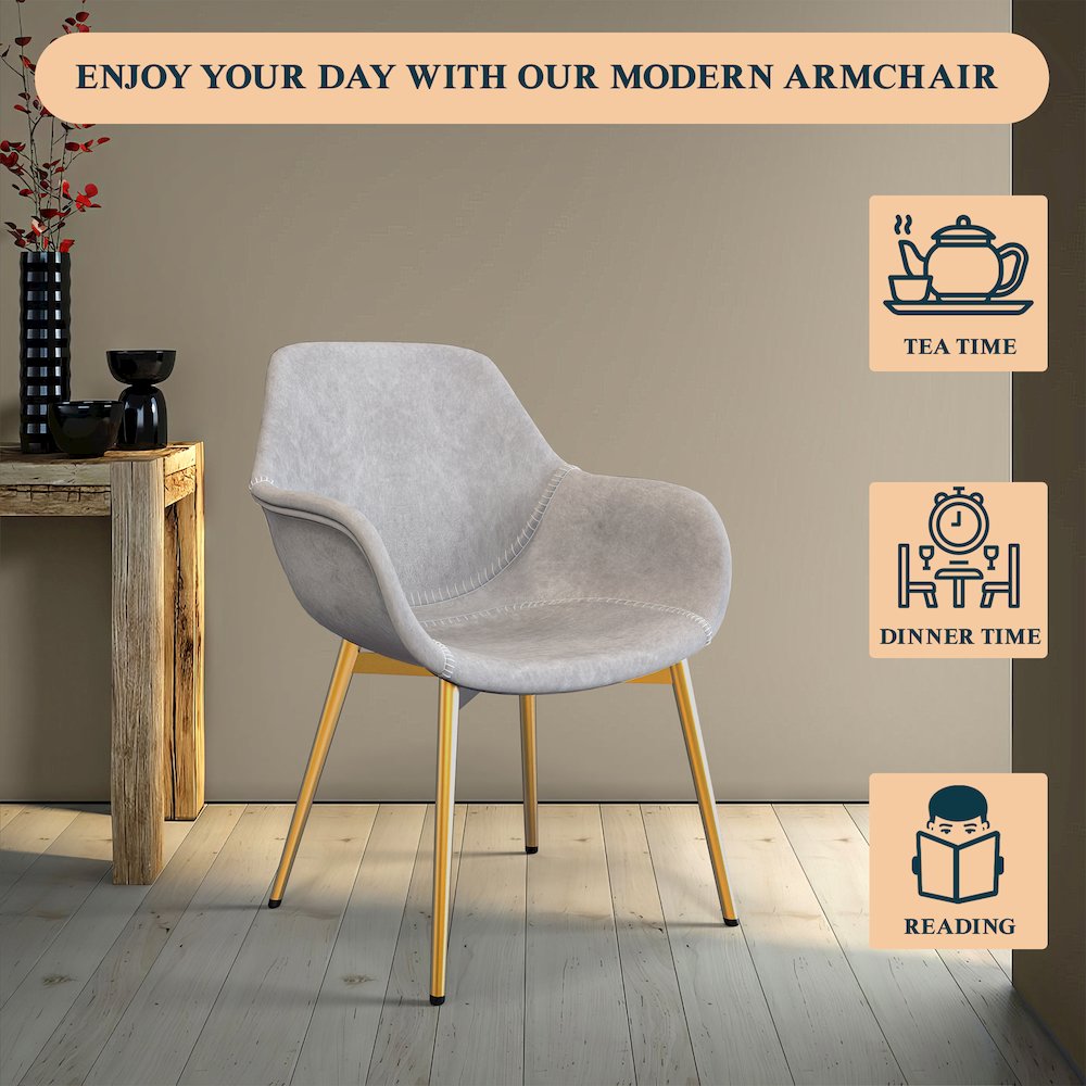 Markley Modern Leather Dining Arm Chair With Gold Metal Legs Light Grey Set of 4. Picture 9