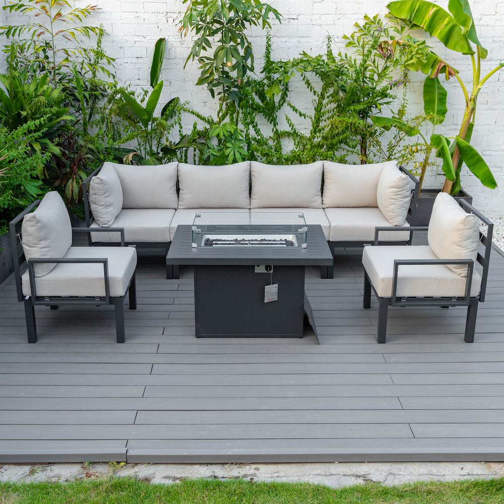 Chelsea 7-Piece Patio Sectional And Fire Pit Table Black Aluminum With Cushions. Picture 4