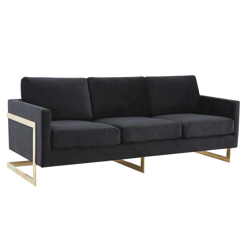 Lincoln Modern Mid-Century Upholstered Velvet Sofa with Gold Frame. Picture 1