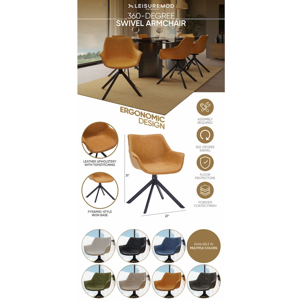 Markley Modern Leather Dining Swival Arm Chair in Light Brown. Picture 14