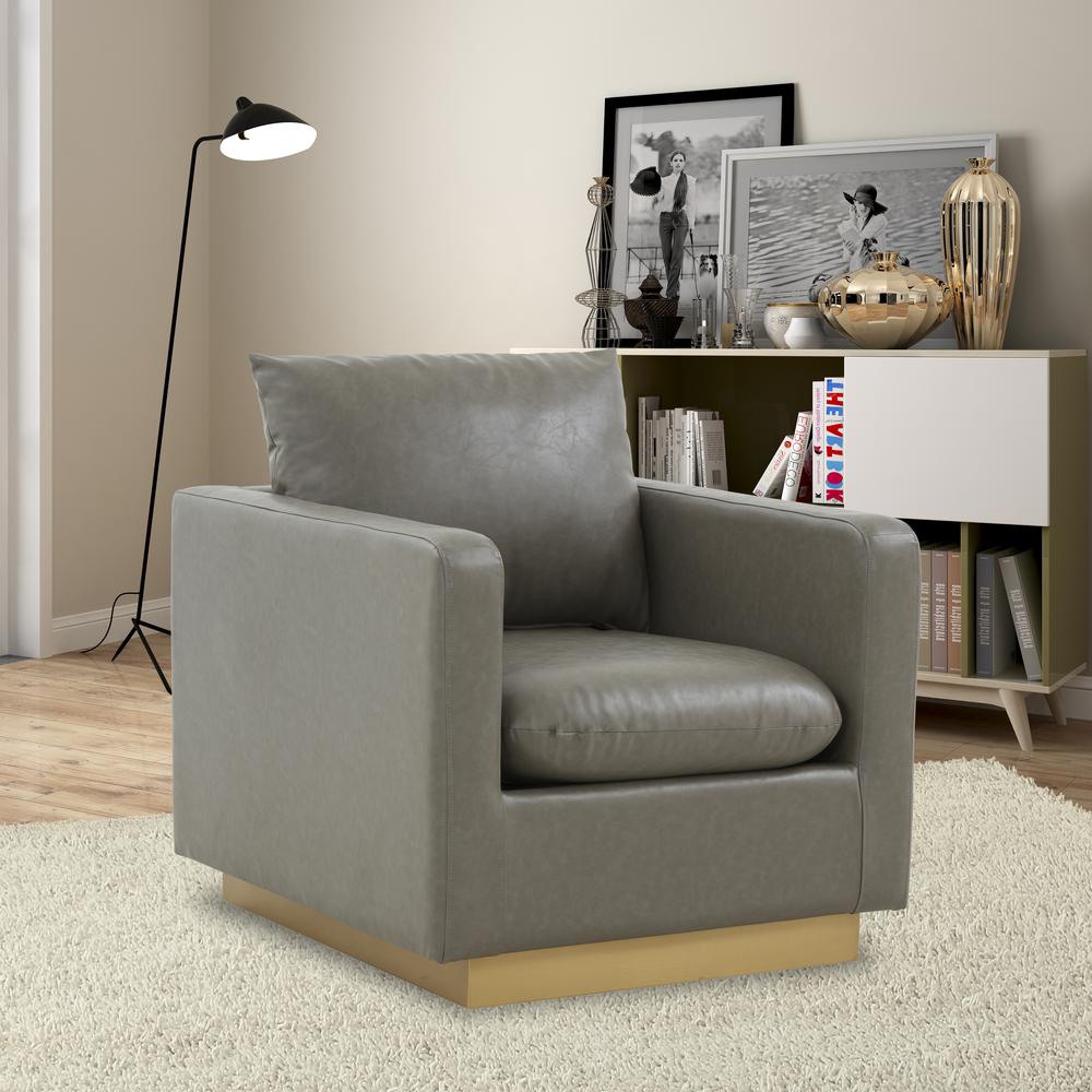 LeisureMod Nervo Leather Accent Armchair With Gold Frame, Grey. Picture 6