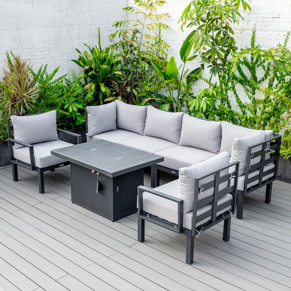 Chelsea 7-Piece Patio Sectional And Fire Pit Table Black Aluminum With Cushions. Picture 33
